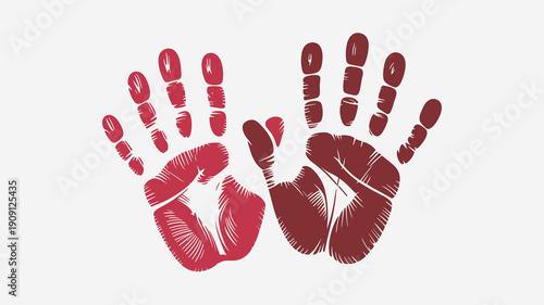 Two handprints in red and dark red against a white background representing unity connection and support for diverse causes like charity awareness or social movements graphic illustration for conceptua