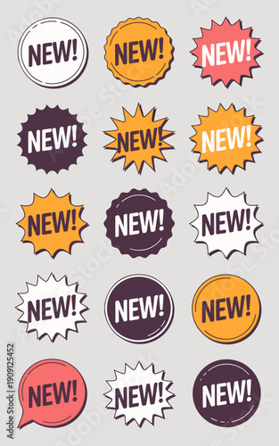 Collection of starburst and circle badges featuring the word NEW in various colors and styles for retail sales marketing promotions and advertising updates on product launches and special offers