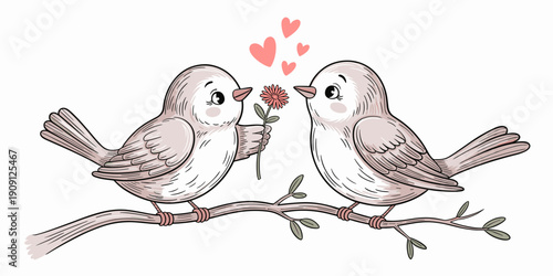 Cute cartoon birds couple on branch giving flower hearts symbol romance love relationship affection greeting card illustration for valentines day wedding anniversary celebration sweet gesture gentle m