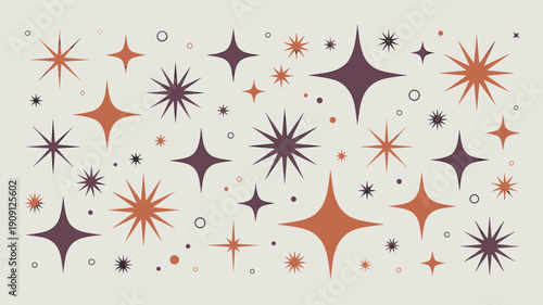Retro starbursts and sparkles mid century modern pattern seamless design abstract graphic elements in warm orange and deep purple hues for vintage decor backgrounds and retro themed celebrations celeb