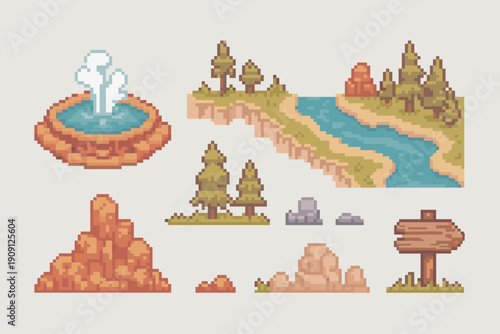 Pixel art landscape elements collection isometric view with geyser river trees rock formations and wooden sign for game development and retro video game design asset pack natural environment scene cre