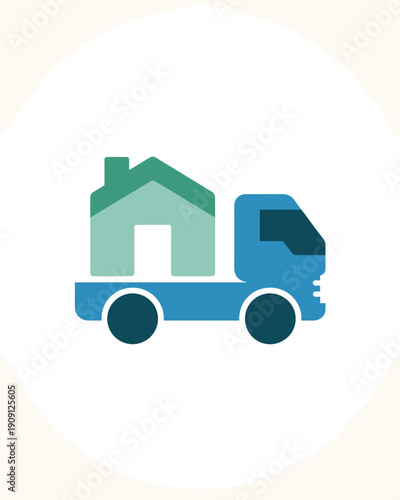 Moving truck transporting house icon symbol for relocation services real estate logistics and property transfer concepts modern minimalist vector illustration for business and industry applications