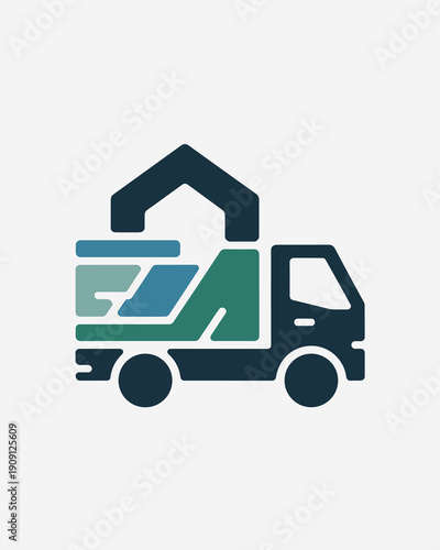 Modern abstract truck delivering house symbol for moving services logistics relocation business transportation concept minimalist graphic illustration corporate identity vector icon for property manag