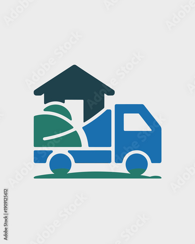 Moving truck transporting house and green landscape elements symbolizing relocation and property transport services for residential moves and environmental logistics solutions for moving companies bus