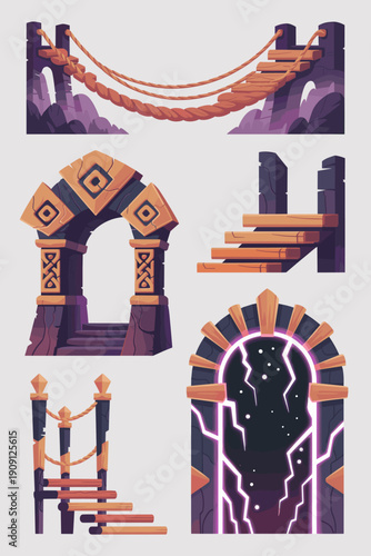 Fantasy game assets ancient stone arches doorways portals and bridges with rope and wooden elements for adventure quests and magical journeys vector illustration concept art