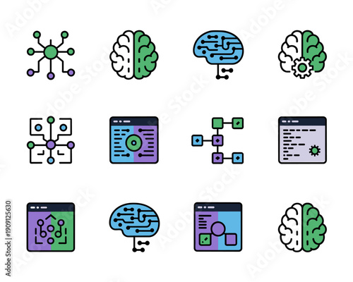 Artificial intelligence icons set technology brain network algorithms data science machine learning process flow diagrams and coding interface vector illustration for tech websites digital marketing p