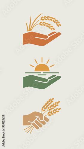 Agricultural icons hands holding wheat rice stalks and sunrise symbolizing farming growth sustainability and harvest for food industry agribusiness and eco friendly concepts modern flat design for pre