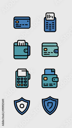 Set of modern flat icons representing financial transactions secure payment methods and digital wallets for online banking and e-commerce applications business finance and technology concepts vector i