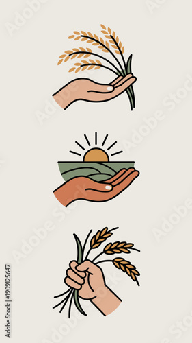 Hands holding wheat stalks and a sunrise over rolling hills symbolizing agriculture farming harvest growth sustainability and organic food production for healthy living and a prosperous future concept