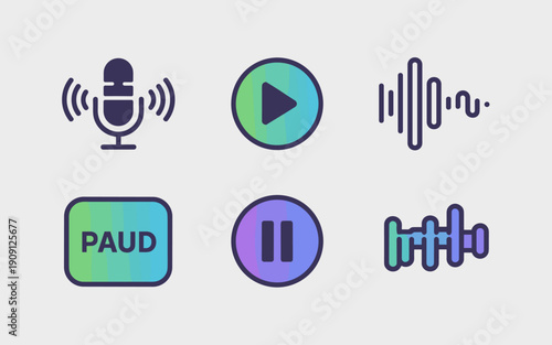 Set of modern audio icons including microphone play pause stop sound wave and equalizer for podcasting music streaming broadcasting media production and digital communication interfaces