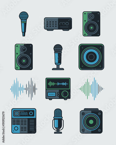 Collection of professional audio equipment icons including microphones speakers amplifiers and soundwave visualizations for music production podcasting broadcasting and live sound engineering technolo