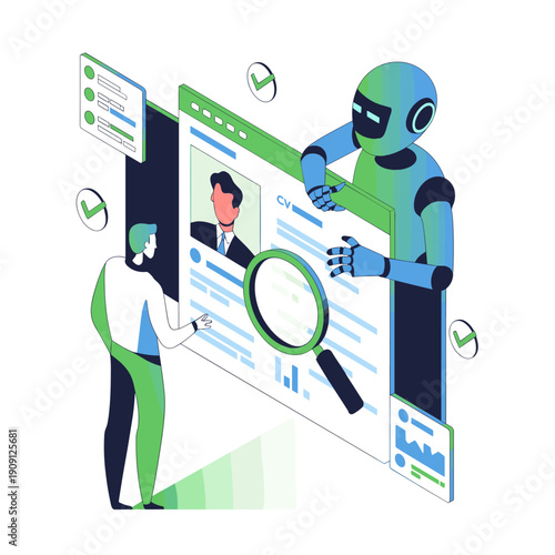 3D robot and human collaborate reviewing CV resume on digital screen analyzing candidate profiles for recruitment hiring process artificial intelligence in HR technology modern workspace concept for b