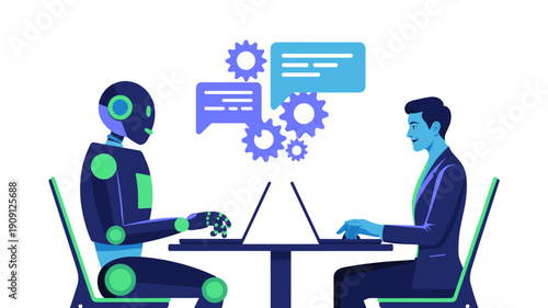 Artificial intelligence robot and businessman collaborating on laptops at table with chat bubbles and gears symbolizing communication and technology partnership for business innovation and workflow au