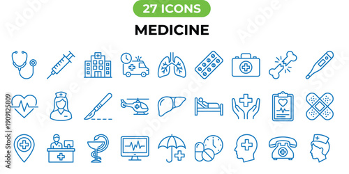 Medicine and Healthcare Line Icon Set – Medical Equipment, Hospital and Treatment Vector Collection