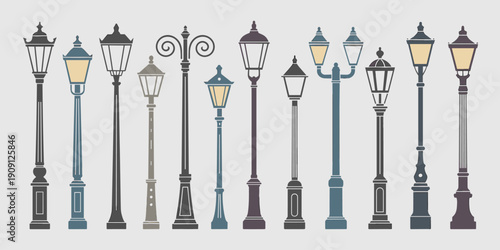 Collection of diverse vintage and modern street lamp post designs vector illustration set classic ornate and minimalist lampposts for urban streetscape design architectural elements and historical cit