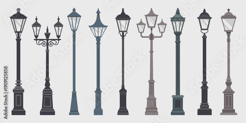 Collection of diverse vintage and modern street lamp post designs in various styles and colors for urban landscaping and architectural illustration vector graphic elements
