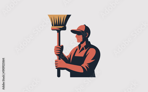 Professional cleaner man holding broom ready for work service industry maintenance sanitation worker character illustration for cleaning company advertising janitorial services corporate office reside
