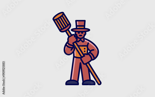 Cartoon character street sweeper man wearing hat and uniform holding broom stick for city cleaning maintenance service and sanitation work with clean urban environment concept illustration