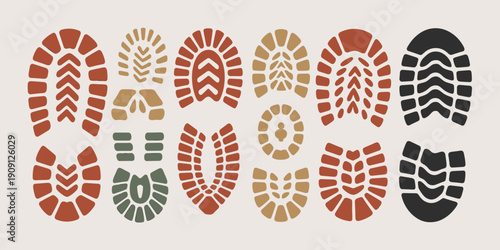 Collection of diverse footprint tread patterns in terracotta tan green and black isolated on light background graphic design elements for shoe industry marketing adventure travel and outdoor lifestyle