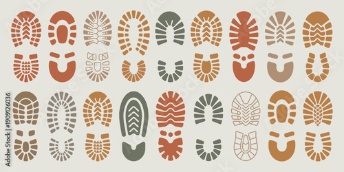 Collection of diverse boot sole footprint icons in warm earth tones and muted greens representing outdoor adventure travel exploration and hiking activities for graphic design elements and patterns