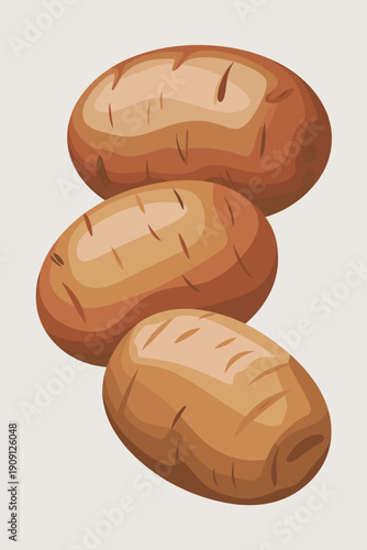 Three raw potatoes illustration simple cartoon style fresh organic root vegetable isolated on plain background healthy food ingredient for cooking and agriculture concepts autumn harvest staple natura