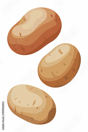 Three fresh raw potatoes isolated on white background healthy organic root vegetable for cooking and food preparation illustration simple cartoon style graphic element for culinary content