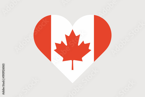 Canadian flag in heart shape symbol of love and patriotism for Canada country national pride concept graphic illustration with maple leaf and red white colors on neutral background