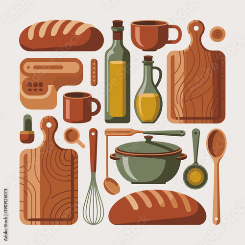 Modern kitchenware flat illustration featuring bread loaves olive oil bottles cutting boards cooking pot whisk utensils and cups for culinary presentations recipe books and food blogs