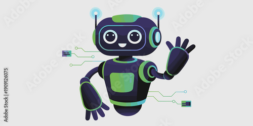 Friendly cartoon robot character waving hello with glowing antenna and circuit connections illustrating artificial intelligence and technology concept for futuristic digital communications and automat