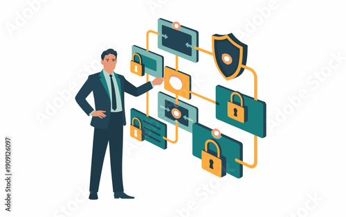Professional businessman interacting with digital security network flowchart showing data protection locks and shield icon for cybersecurity technology concept corporate strategy planning and business