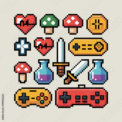 Retro 8 bit pixel art video game icons and assets collection featuring controllers potions swords hearts mushrooms and coins for digital art retro gaming and graphic design projects themed around clas