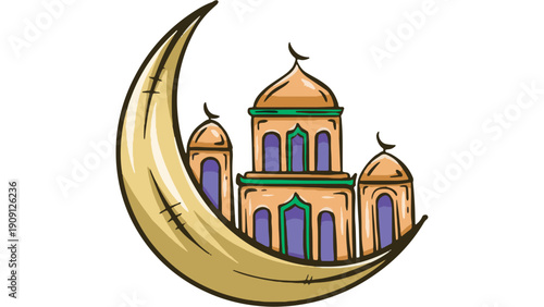 A crescent moon embracing a mosque illustration during Ramadan, viewed from the front, capturing the essence of Islamic culture and spirituality.