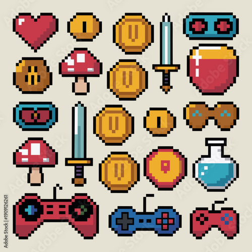 Retro 8-bit pixel art game assets collection featuring hearts coins mushrooms swords potions controllers and power-ups for vintage video game design digital art and retro gaming nostalgia themes