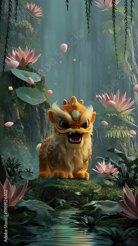 Mythical creature in enchanted forest surrounded by lotus flowers