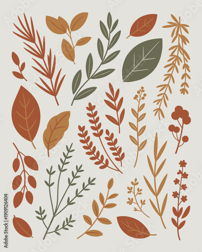 Autumn leaves botanical illustration set minimalist vector design elements for seasonal decor and natural themes simple organic shapes in warm earthy tones for fall decor graphic resources