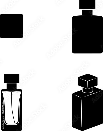 4 view Minimalist Black Silhouette Vector Icon Set of Luxury Perfume and Cologne Bottles. Essential Cosmetic and Fragrance Product Packaging Design Elements for Beauty,  and E-commerce Branding