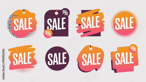 Collection of vibrant sale tags and discount labels with colorful gradient backgrounds and modern abstract design elements for retail advertising promotions and seasonal shopping events marketing mate