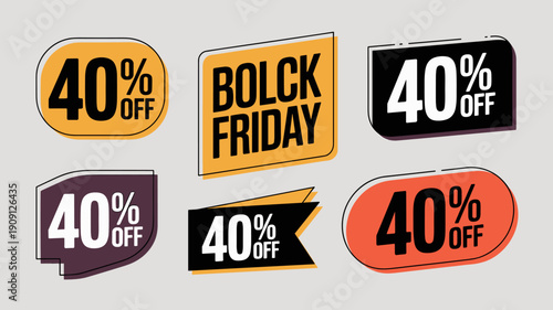 Black Friday sale discount offer 40 percent off special promotion tag collection for retail marketing limited time deal advertising announcement graphic design elements for e-commerce website and onli