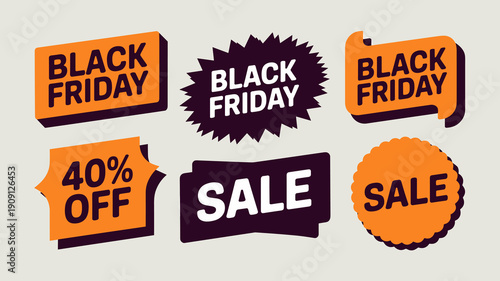 Black Friday sale tags and banners with 40 percent off discount offer for retail marketing promotions and online advertising campaigns advertising special deals seasonal shopping event concept flat de