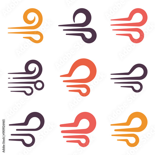 Set of abstract wind blowing icons in flat design style representing air movement weather meteorology and natural forces for science and environmental concepts modern graphic elements collection