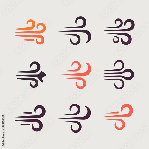 Set of nine stylized wind icons representing gusts and breezes in orange and purple tones abstract graphic elements for weather forecasts climate change and natural phenomena concepts modern minimalis