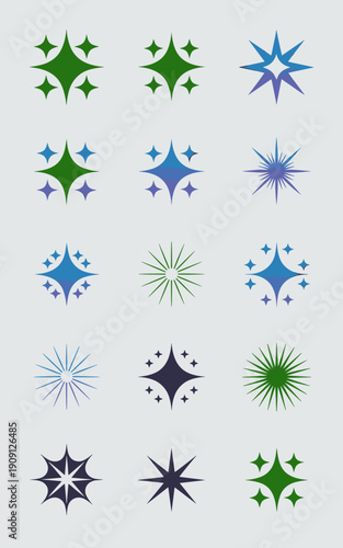 Sparkle starburst graphic elements collection abstract geometric shapes set clean design icons representing shine light burst and glitter for celebration innovation and success concepts modern digital