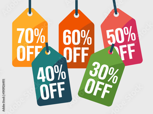 Collection of vibrant colorful sale price tags displaying percentage discounts like 70 percent 60 percent 50 percent 40 percent 30 percent off for retail advertising marketing promotions and shopping