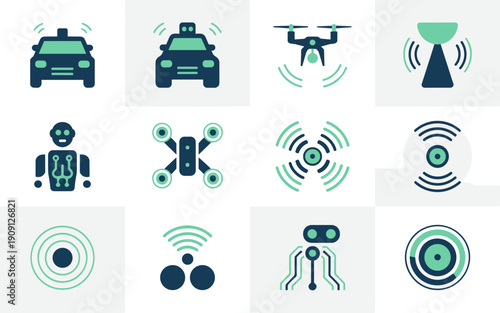 Set of modern technology icons representing autonomous vehicles drones robots and communication signals for futuristic innovation and smart network concepts in flat design style for web and app develo