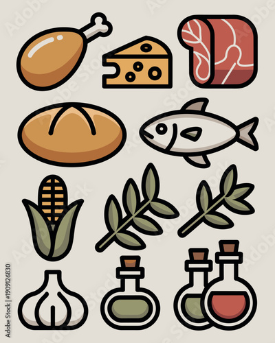 Flat design icons set representing healthy food ingredients like chicken leg cheese bread fish raw meat corn garlic herbs and cooking oils for culinary presentations restaurant menus healthy eating co