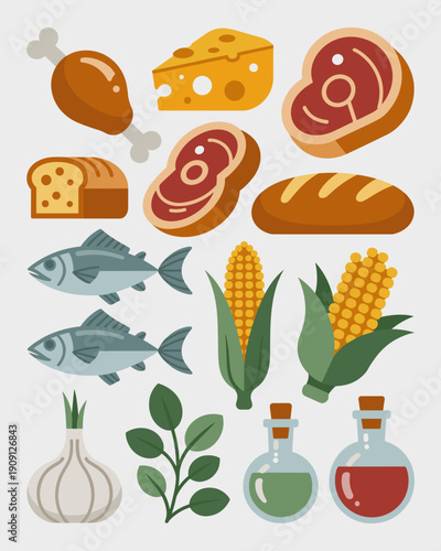 Assortment of fresh food ingredients including raw meat steaks chicken leg bread cheese fish corn garlic herbs and oil bottles for healthy cooking gourmet recipes farm to table concept and culinary ar