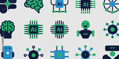Artificial intelligence icons and symbols representing machine learning neural networks AI chips robots and data networks for technology innovation and futuristic concepts in digital graphics and web