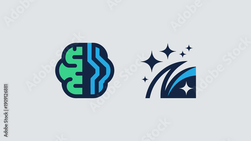 Abstract brain icon representing intelligence and technology with glowing starbursts symbolizing creativity and innovation for science and business concepts modern flat vector illustration