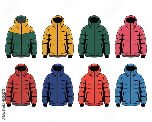collection of colorful winter puffer jackets with hoods in various shades and designs on transparent background