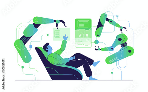 Man relaxing in chair interacting with robotic arms controlling digital interfaces and data streams futuristic technology concept for automation innovation and artificial intelligence in the modern wo